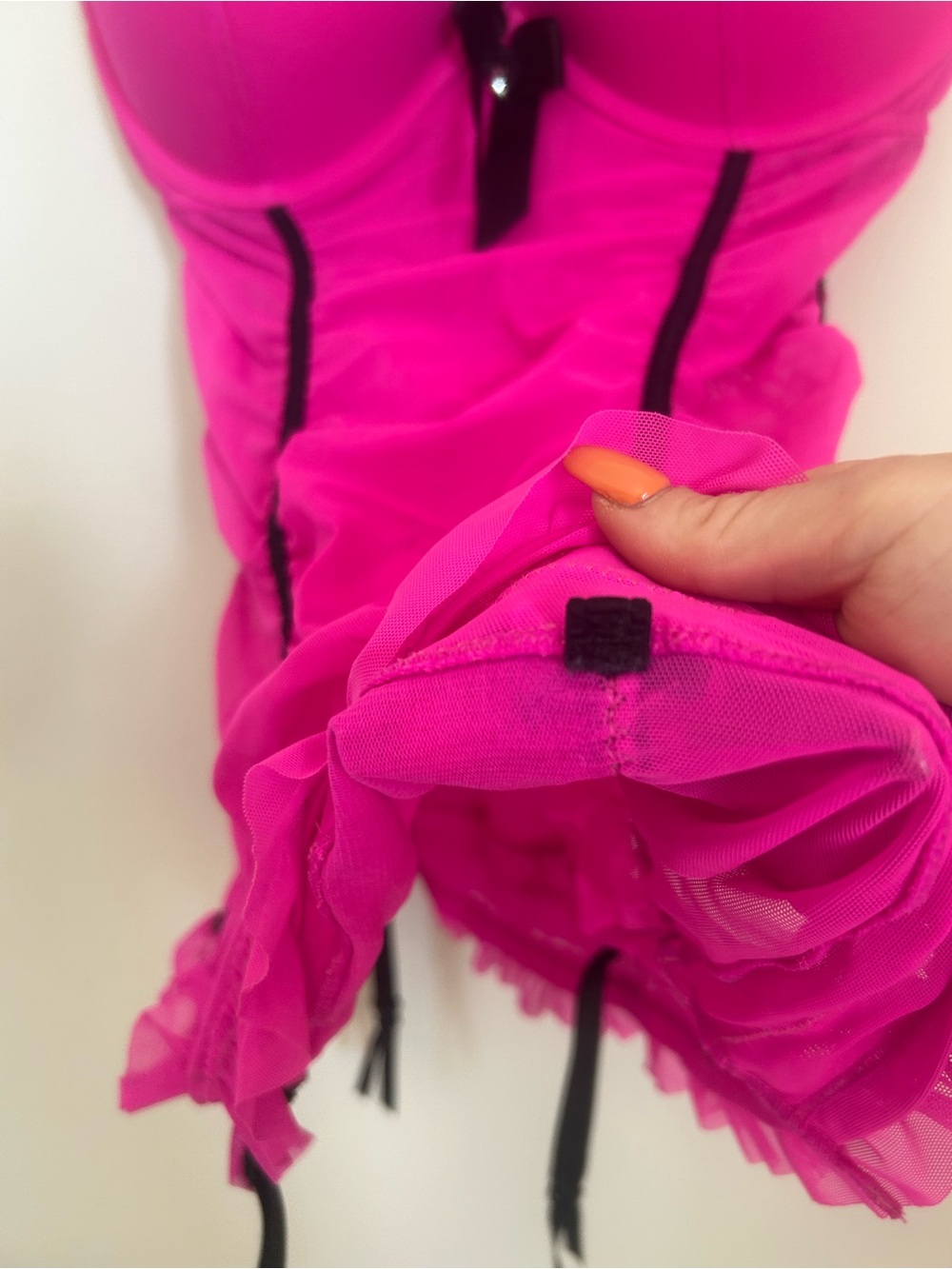 Hot Pink Lace-Trim Bustier Chemise with Black Accents - Picture 2 of 4